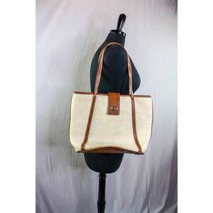 Talbots Straw Shoulder Bag Purse Tote Faux Leather Trim Tan Brown